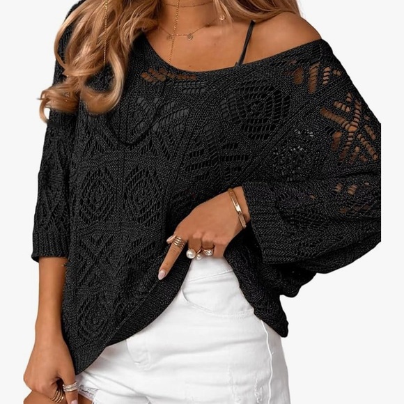 Dokotoo Sweaters - DOKOTOO Crochet Hollow Out 3/4 Sleeve Pullover Off Shoulder Sweater XXL